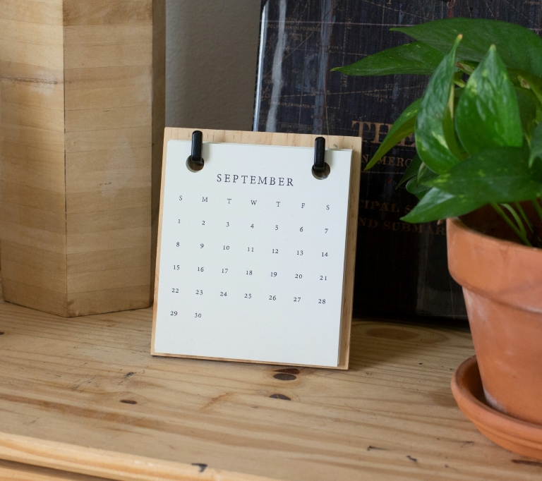 Calendar on a light brown desk next to a green money plant