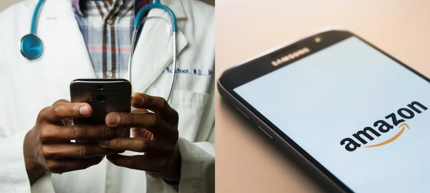 Composite of a doctor using a smartphone and a smartphone with the Amazon logo on the screen