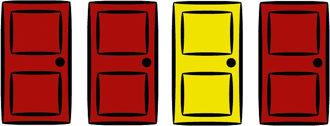 Two red doors, then one gold door, and then one red door